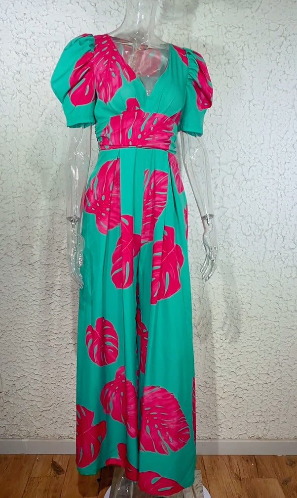 Casual V-neck Waist Wide Leg Jumpsuit For Women