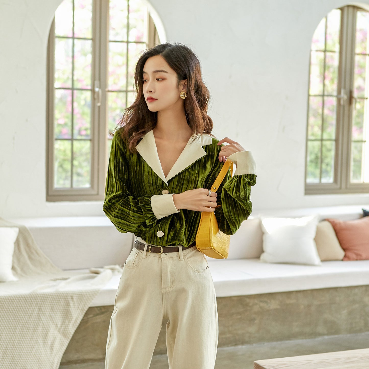Lantern Sleeve Retro Suit Collar Dark Green Loose Casual Shirt