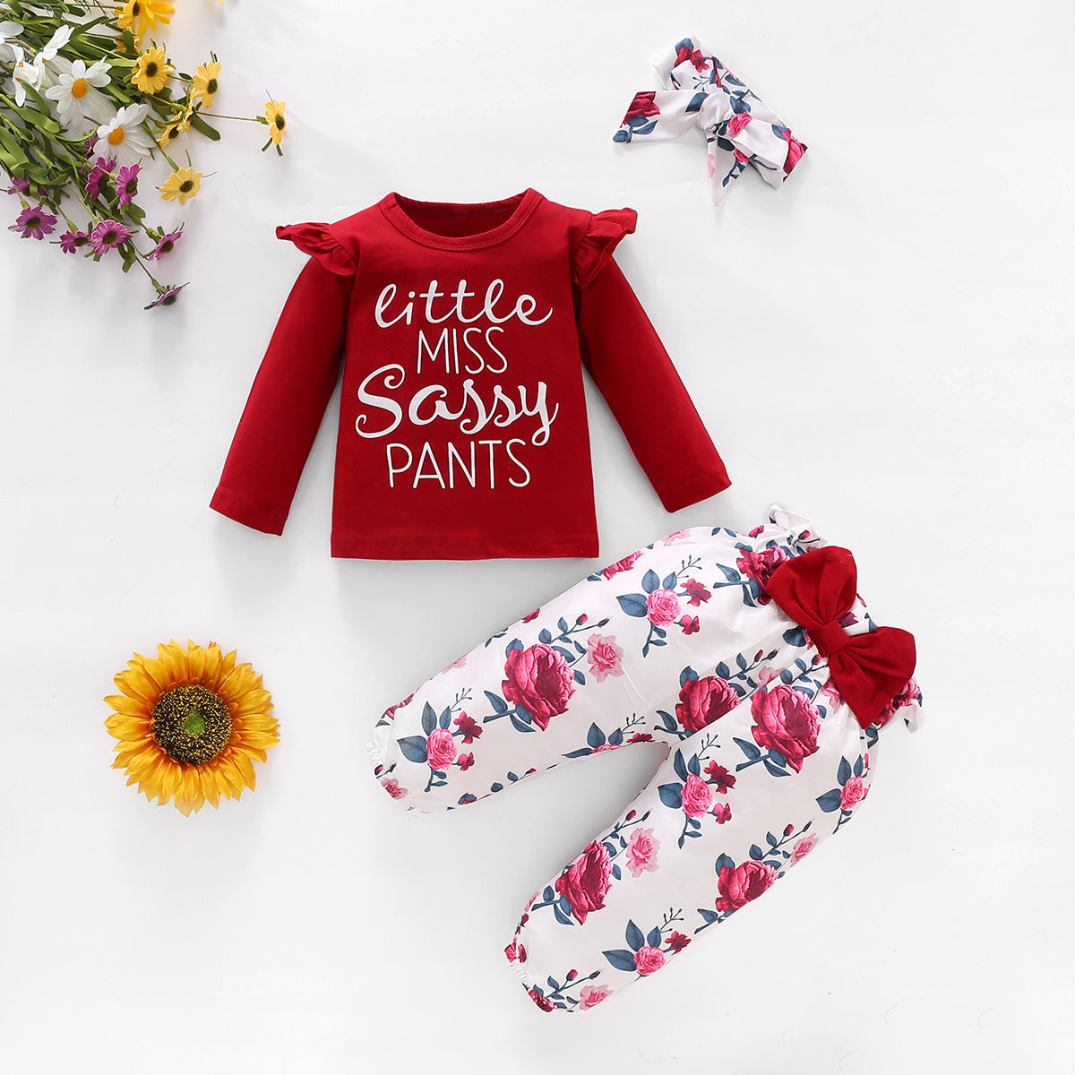 Ensemble trois pièces pour fille, motif floral européen et américain, manches à volants, nœud