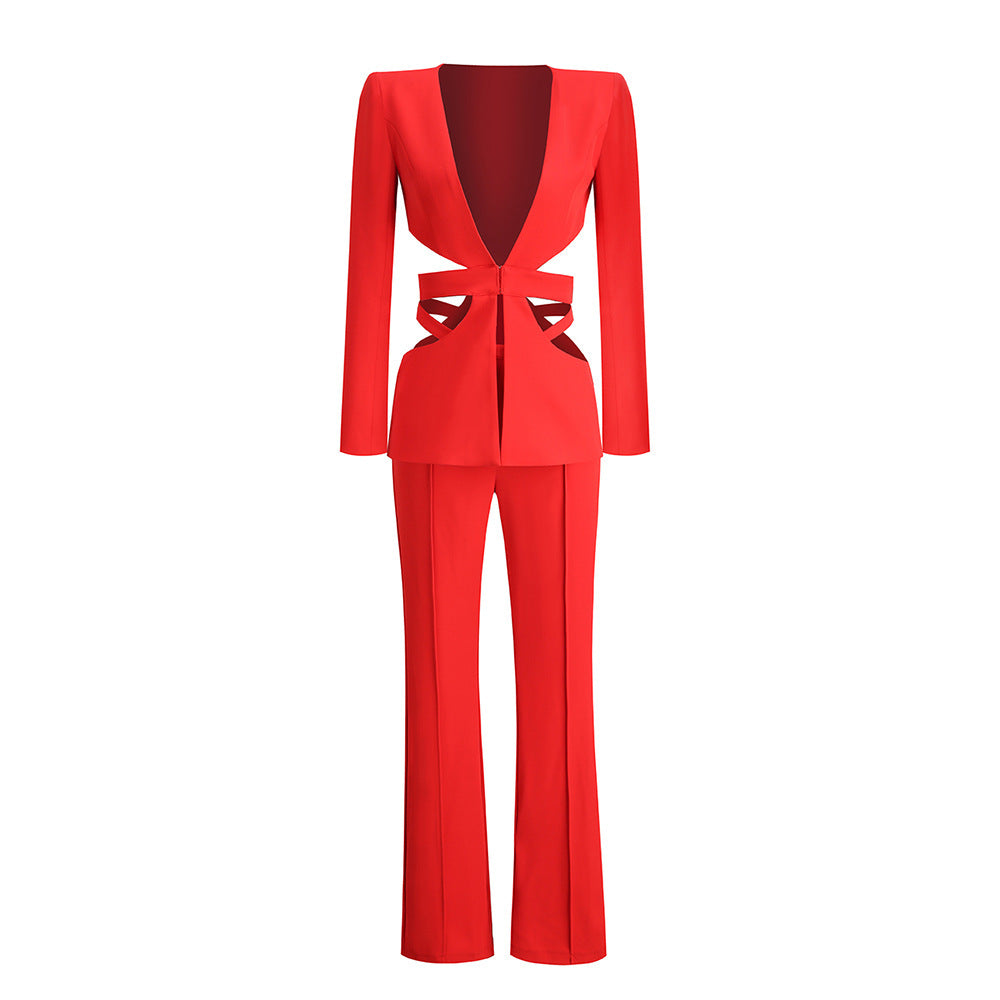 European And American Women's Clothing Midriff Outfit V-neck Long Sleeve Suit Hollow-out Wide-leg Pants