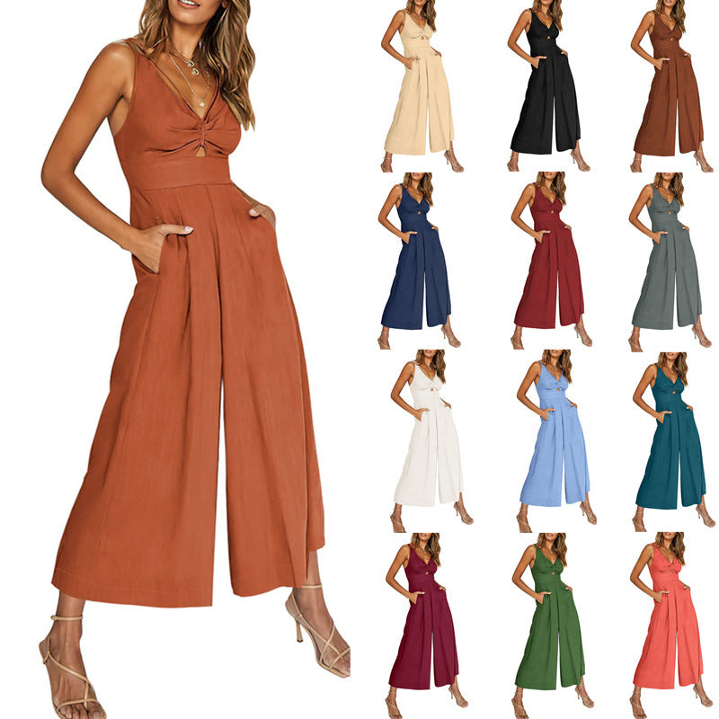 Combinaison d'été à col en V et bretelles ajourées, plissée, taille haute, jambes larges, poches pour femmes