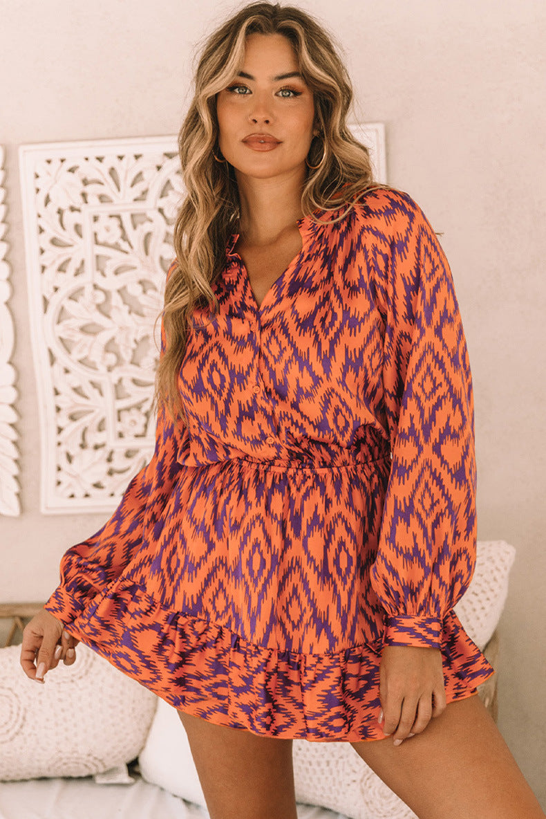 Personalized Design Sense Printed Waist-controlled Jumpsuit Women's Summer New Ruffled