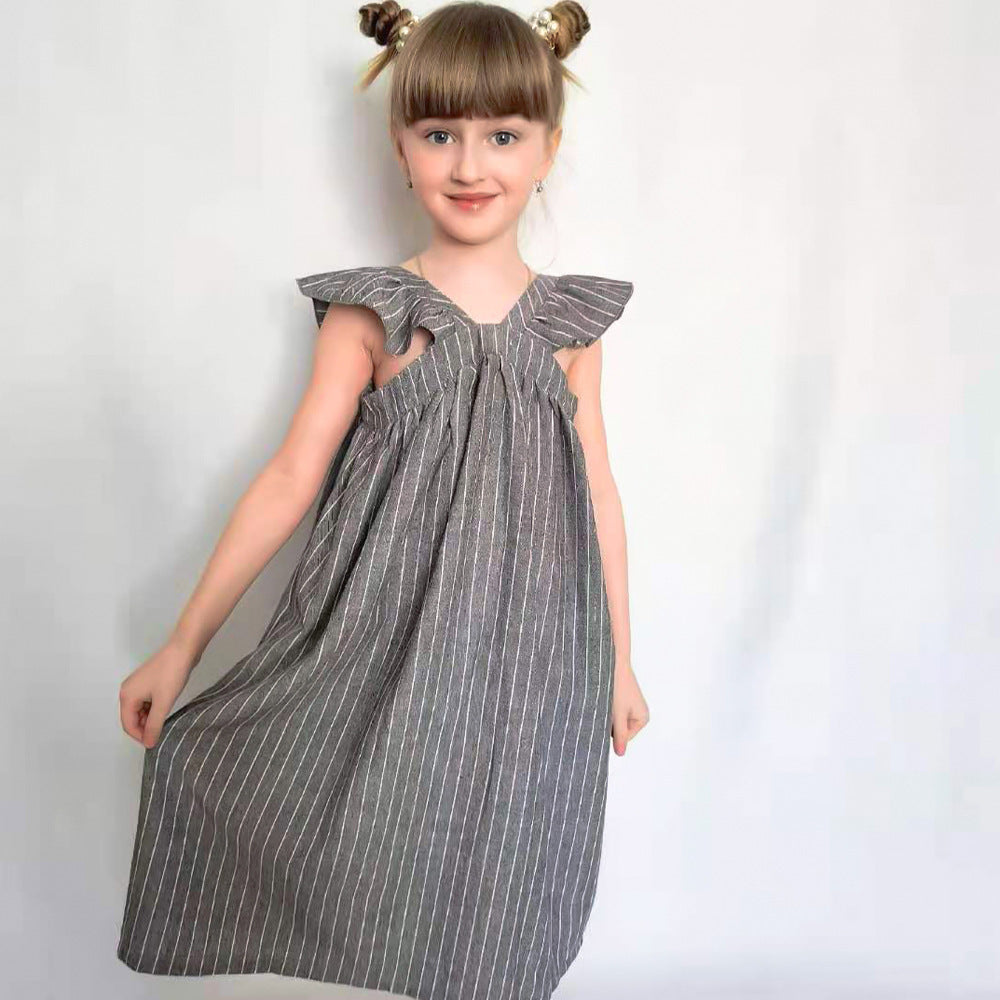 Girls' Ruffled Striped Flying Sleeve Beach Holiday Dress