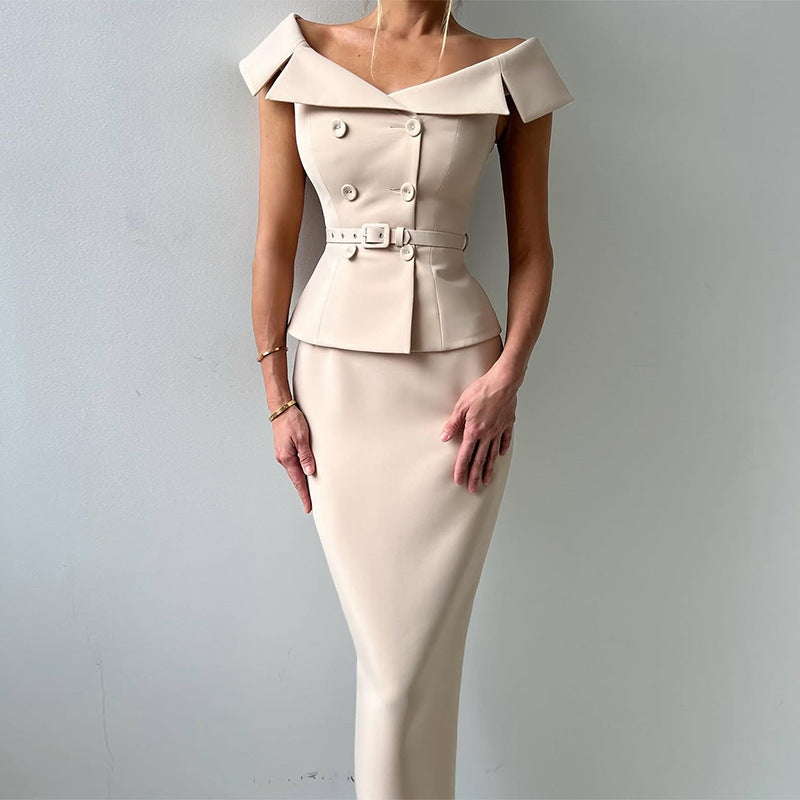 Elegant Double Breasted Waist-controlled Top Sheath Skirt Fashion Suit