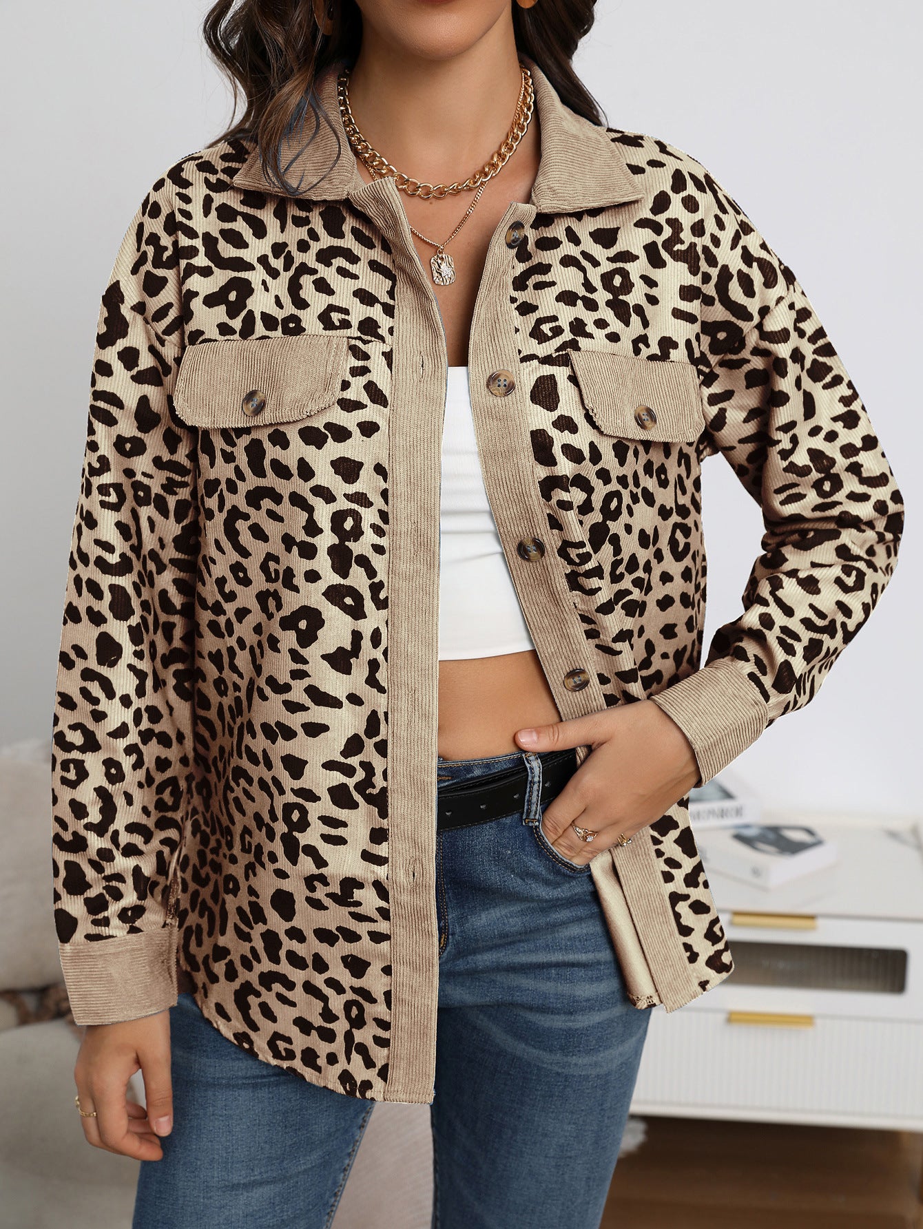 Fashion Leopard Print Corduroy Button Long Sleeve Coat For Women