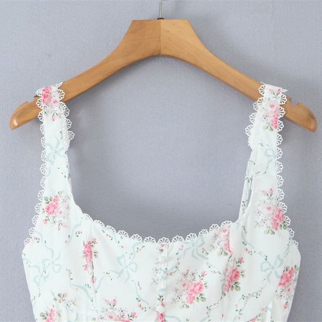 Rose Printed Lace Stitching Cotton Mini Dress