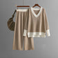 Women's V-collar Contrast Color Knitted Loose Wide-leg Pants Two-piece Set