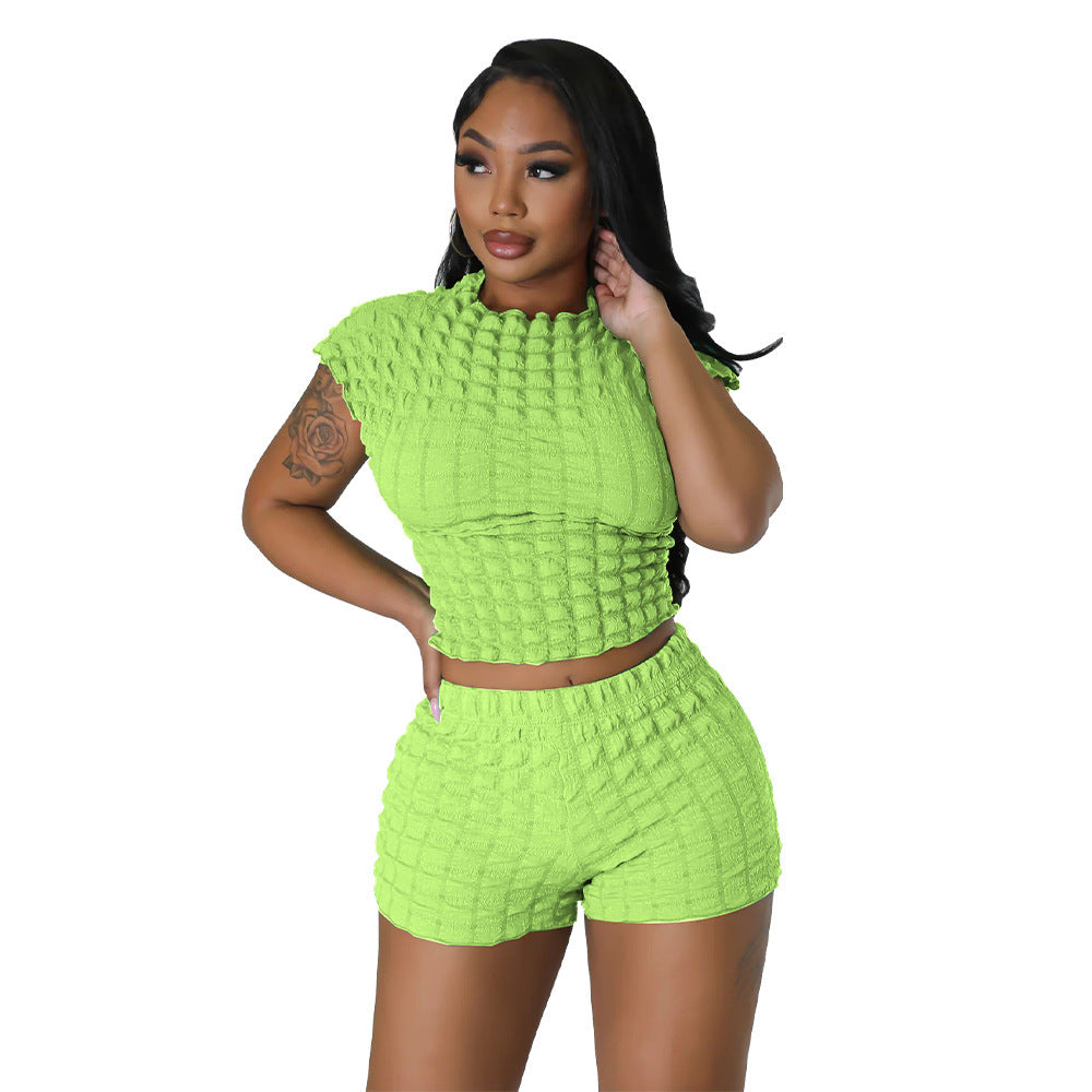Women's Clothing Sleeveless Midriff-baring Shorts Popcorn Bubble Two-piece Set