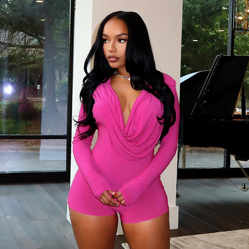 Women's Swing Collar Tight Long-sleeved One-piece Shorts