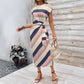 Striped Printed Crew Neck Short Sleeve Long Dress With Bow Detail
