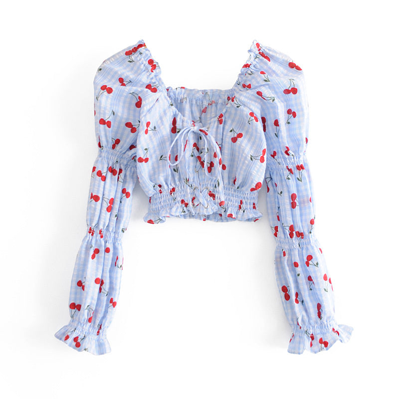 Women's Fashion Cherry Print Plaid Slim Top