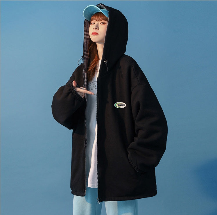 Unisex Color Matching Plaid Loose Long-sleeved Hooded Loose Double-sided Coat