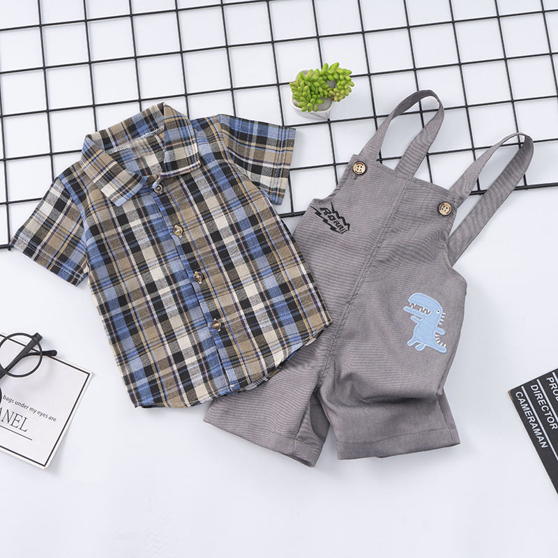 Summer Children's Suit Cotton Plaid Shirt Suspender Pants Two-piece Suit