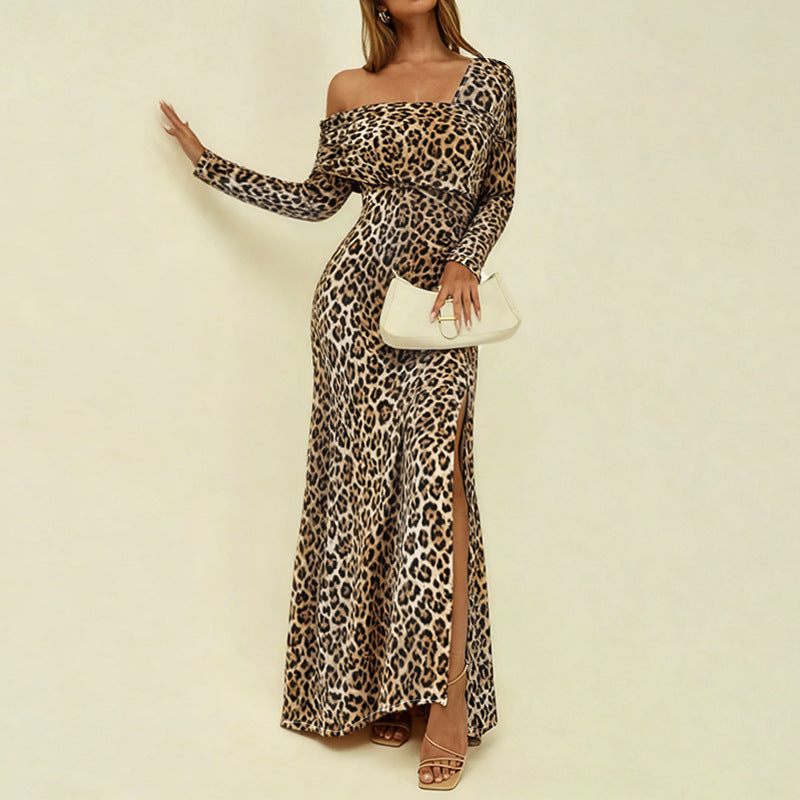 New Square Neck Leopard Print Elegant Slim-fit Dress