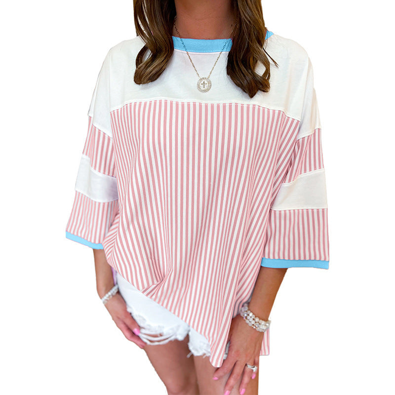 European And American Fashion Striped Color Matching Short-sleeved T-shirt For Women