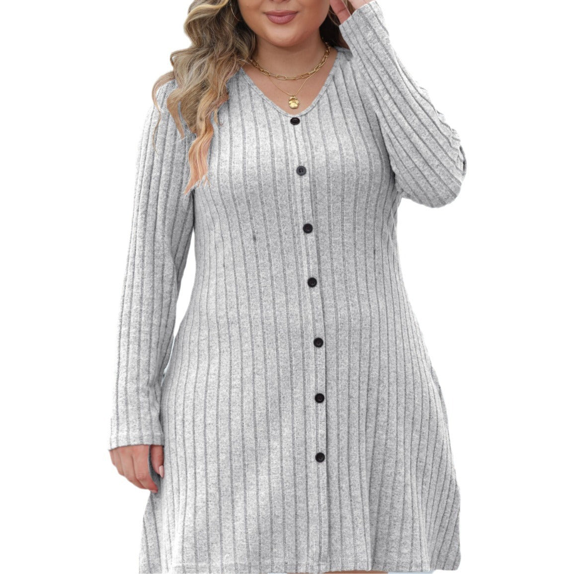 Women's Plus Size Button Deep V Stripe Dress