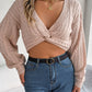 Knot V-neck Lantern Sleeve Midriff-baring Sweater