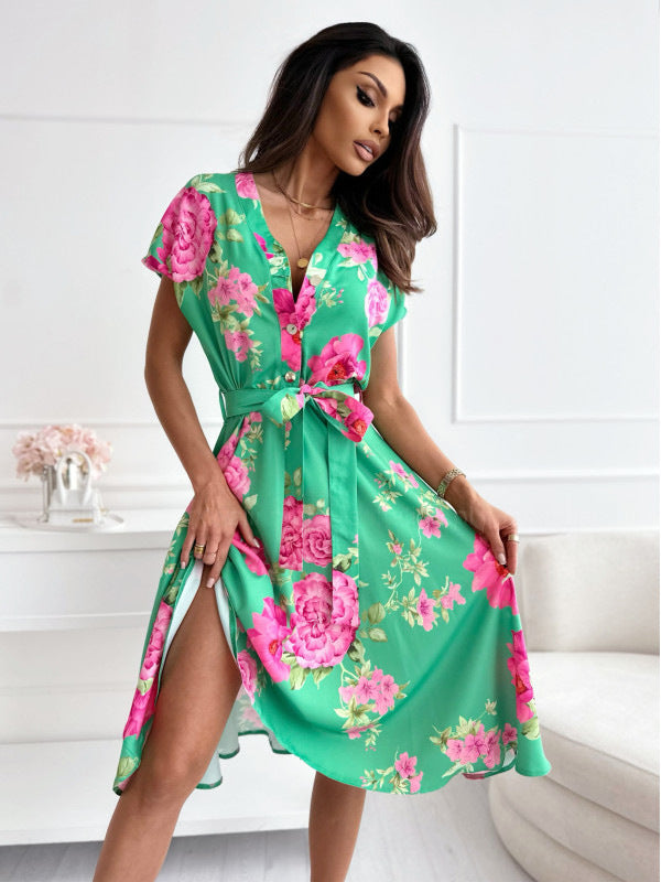V-neck Lace-up Printed Dress