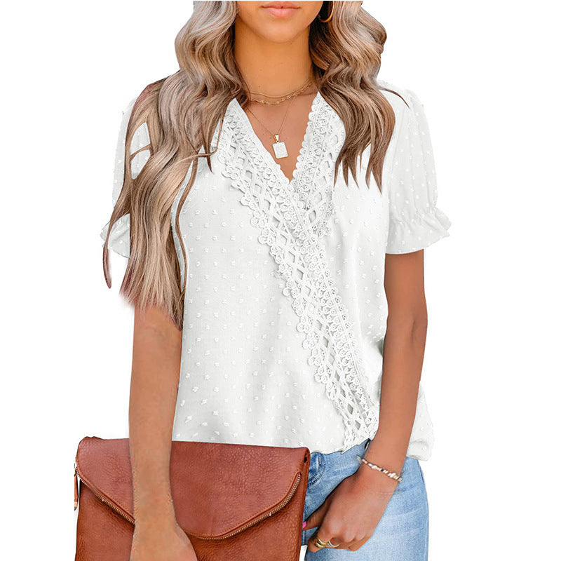 Women's Chiffon Pompom Lace V-neck Short Sleeve Shirt