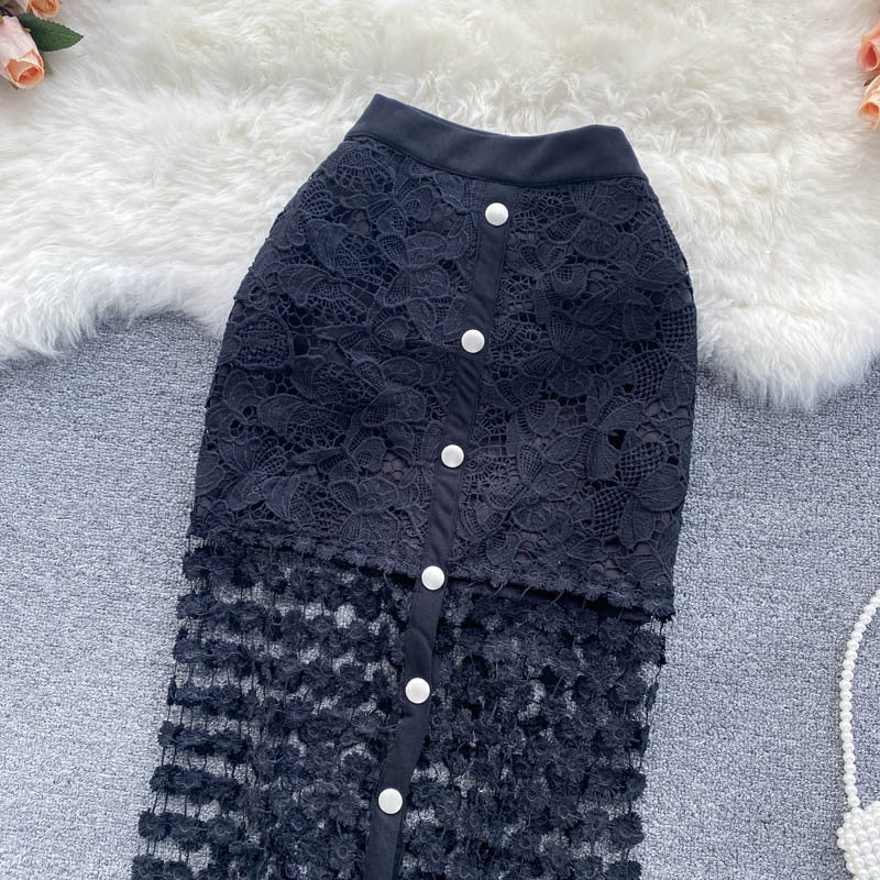 Black And White Hollow Outer Skirt Female Elegant Button Tempered Stickers Falda Party High-end Women's Clothing