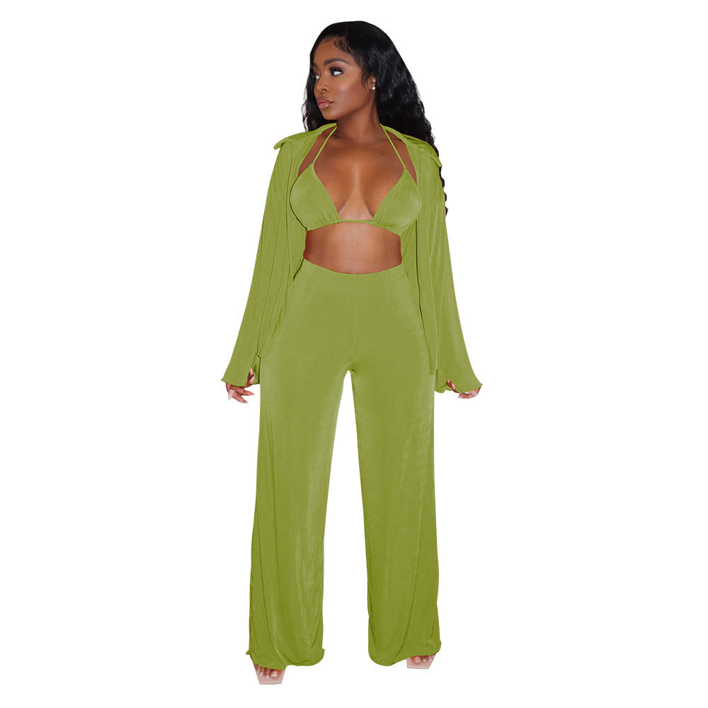 Ensemble bikini décontracté à manches longues et pantalon large pour femme