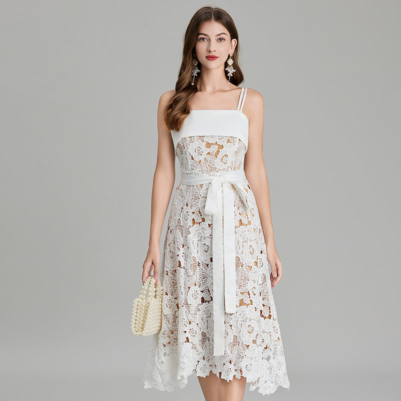 Crocheted Hollow Embroidery Stitching Lace-up Waist-controlled Slimming Dress
