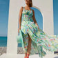 Robe longue sans bretelles à imprimé tendance pour les fêtes