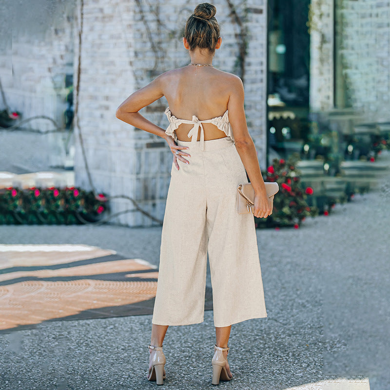 Pantalon plissé une pièce sans manches pour femme, longueur cheville