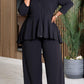 Fashion Commuter Long Sleeve Lapel Zipper Top Wide Leg Pants Solid Color Suit