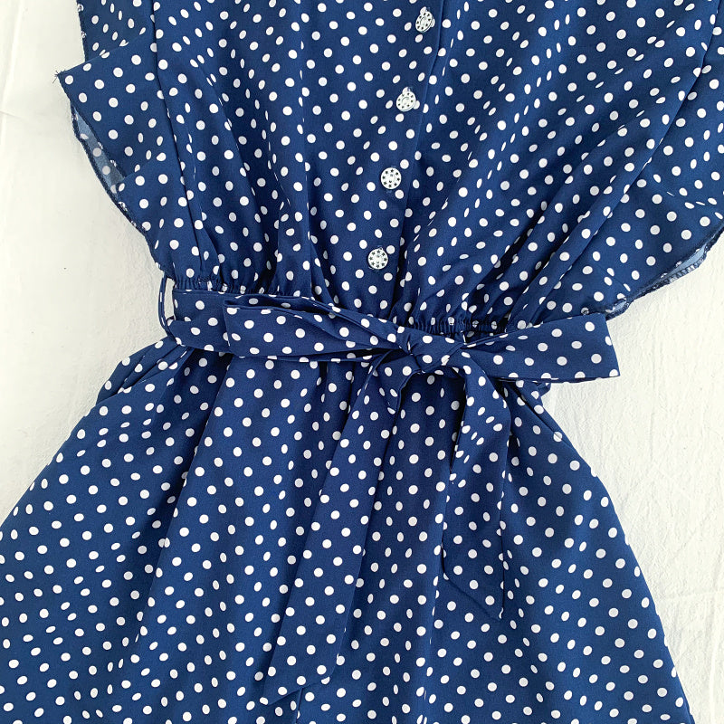 Versatile V Neck Polka Dot Flying Sleeves Lace Up Jumpsuit Wide Leg Pants Shorts