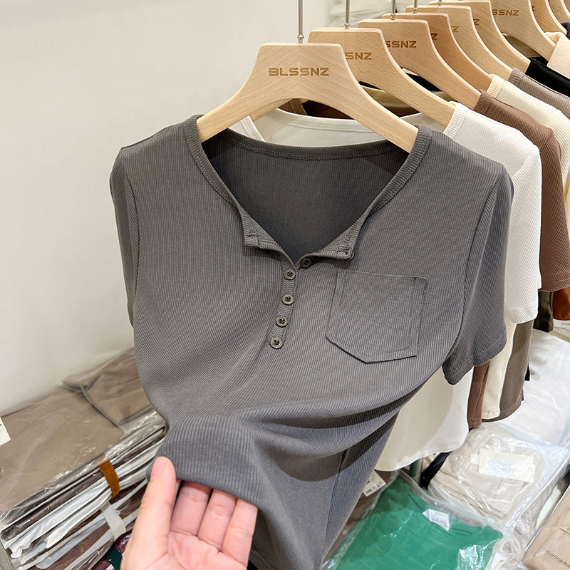 Women's Half-open Round Neck Solid Color Fashion Pocket Waist-tight T-shirt