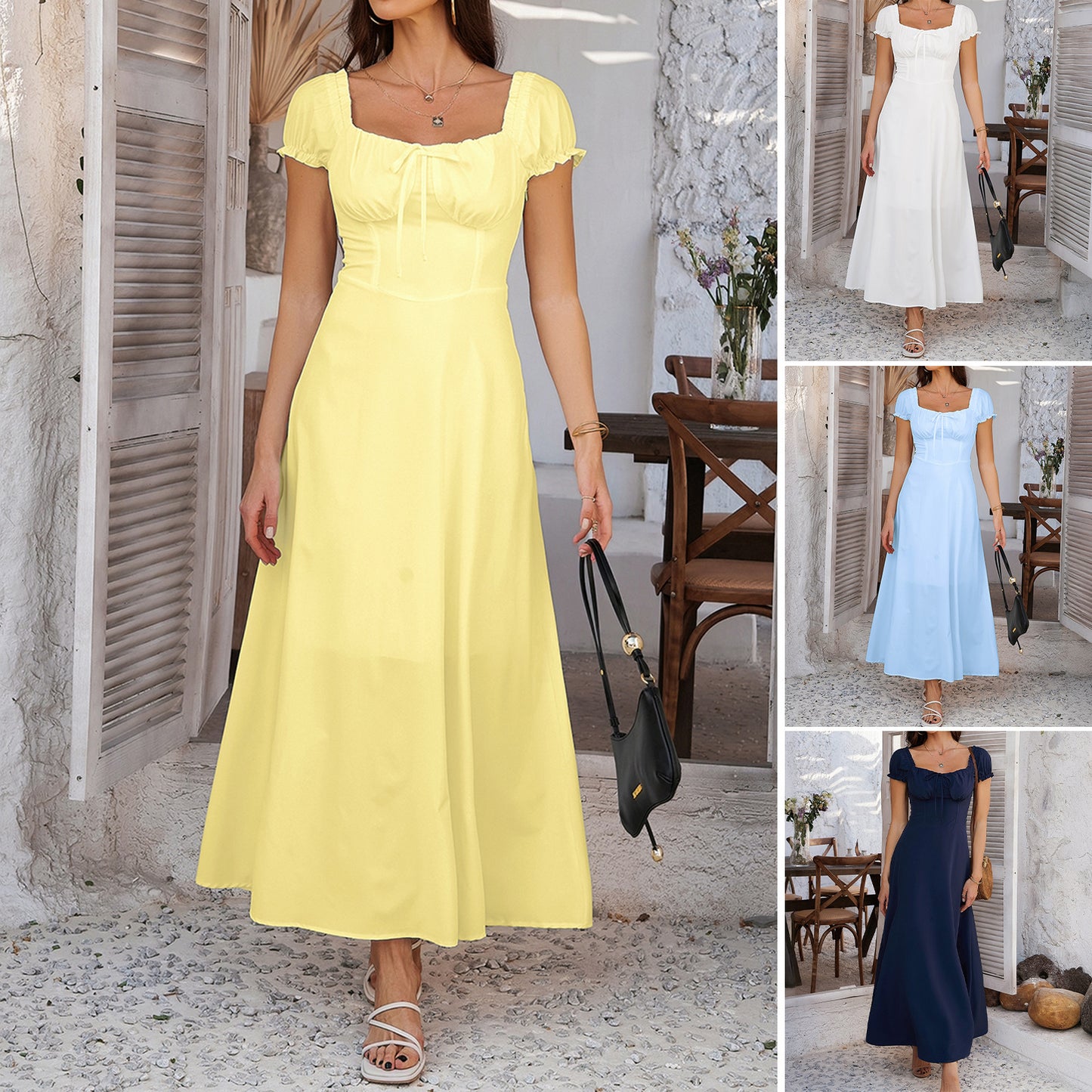 Elegant Pure Color Tied Pleating Puff Sleeve French Dress