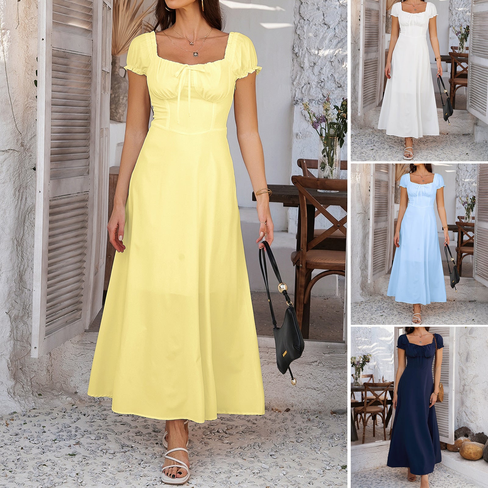 Elegant Pure Color Tied Pleating Puff Sleeve French Dress