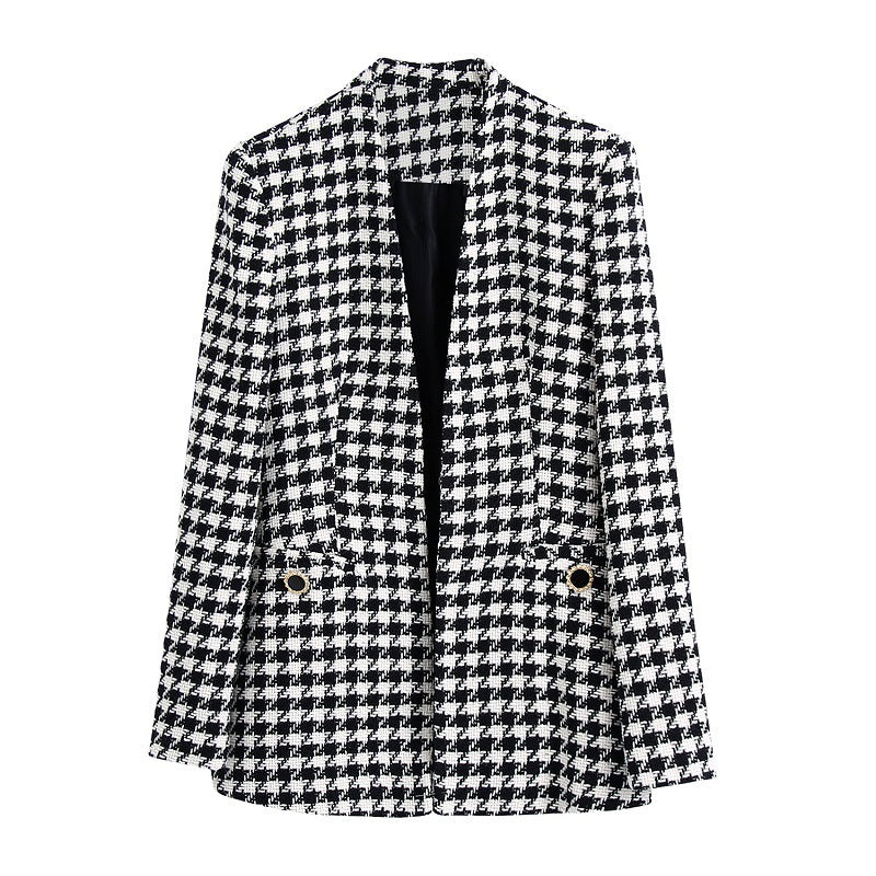 European And American Style Houndstooth Texture Pocket Slim Suit Jacket