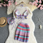Seaside Vacation Beach Suit Hot Girl Halter Spaghetti Straps Vest Multicolor Cutout Knitted Skirt