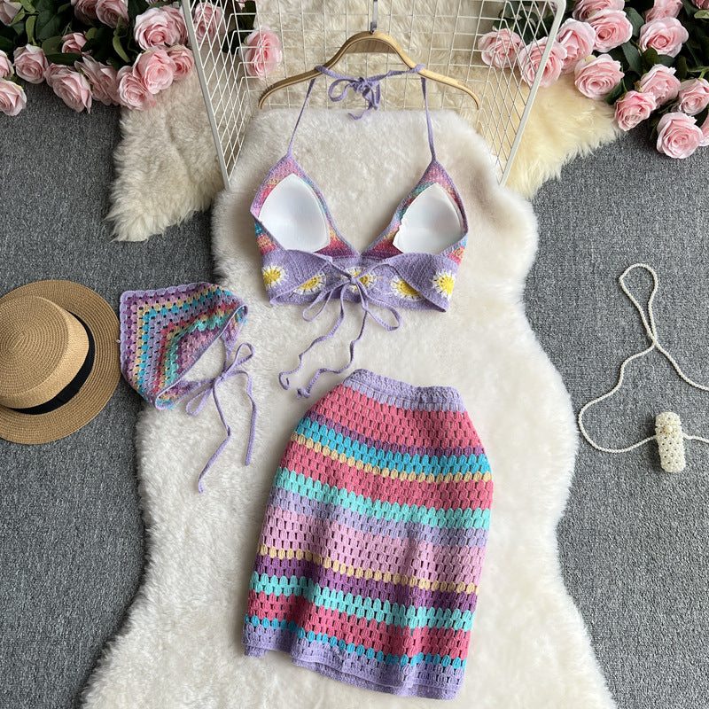 Seaside Vacation Beach Suit Hot Girl Halter Spaghetti Straps Vest Multicolor Cutout Knitted Skirt