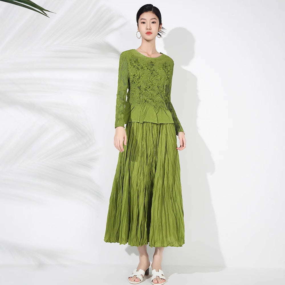 Solid Color Embroidered Long-sleeved Top Handmade Pleated Two-piece Overskirt Suit