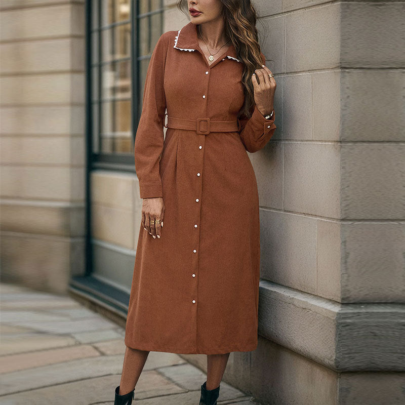 Casual Elegant Retro Style Lace Lapel Shirt Corduroy Dress