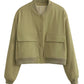 Veste courte décontractée à simple boutonnage et col montant avec poches, vêtement d'extérieur à manches longues et tendance pour femme