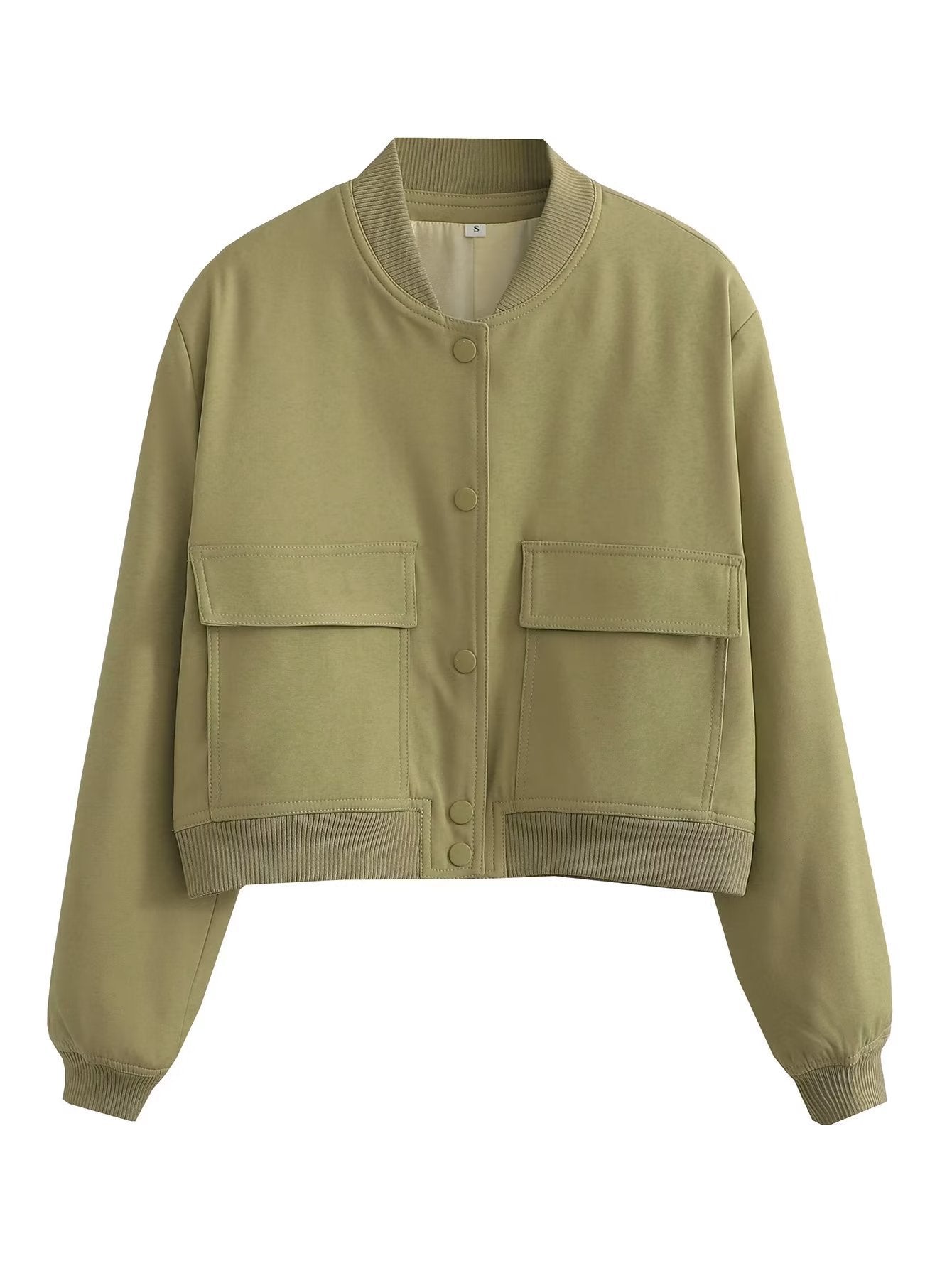 Veste courte décontractée à simple boutonnage et col montant avec poches, vêtement d'extérieur à manches longues et tendance pour femme