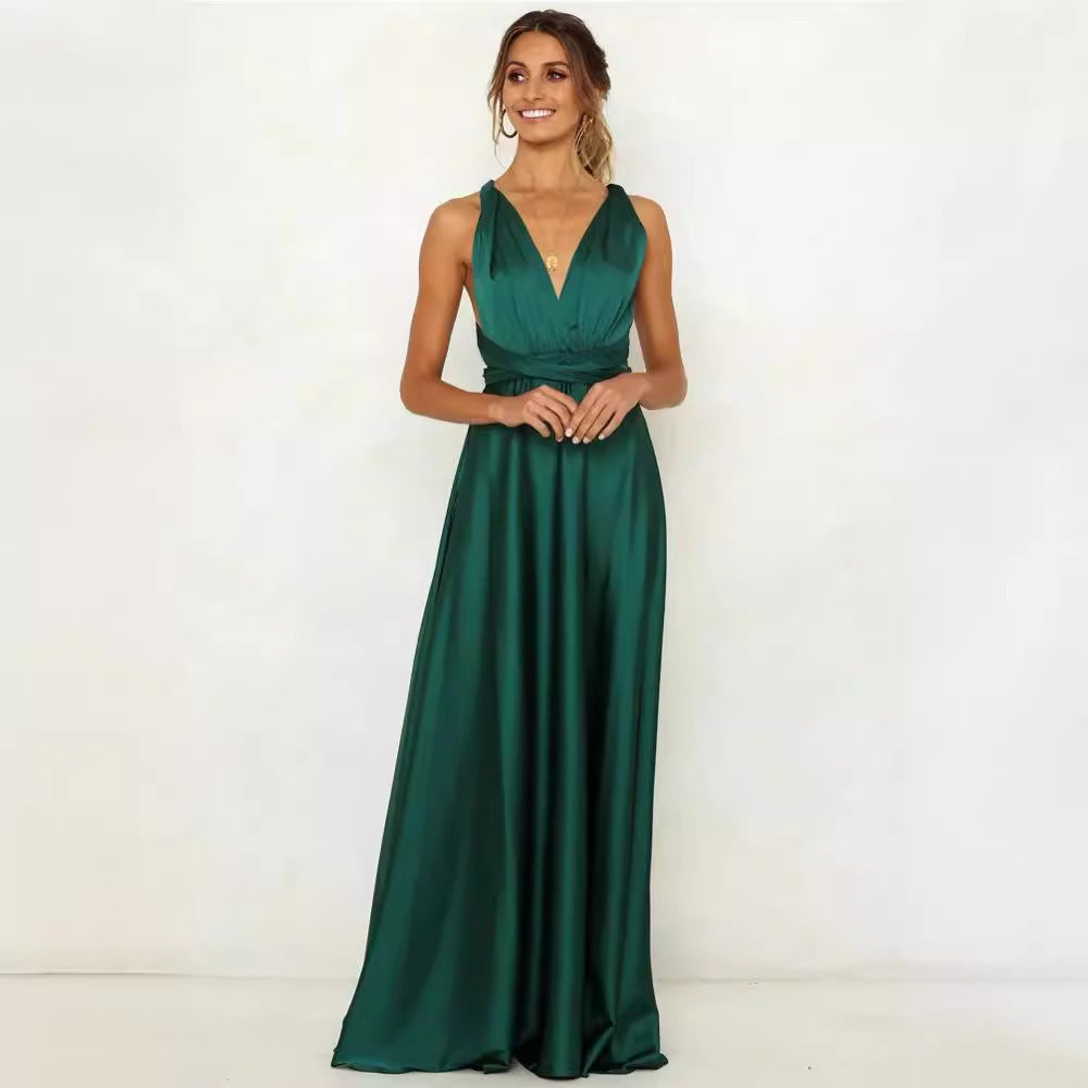 Deep V-neck Sleeveless Lace-up Backless High Waist Large Swing Satin Dress