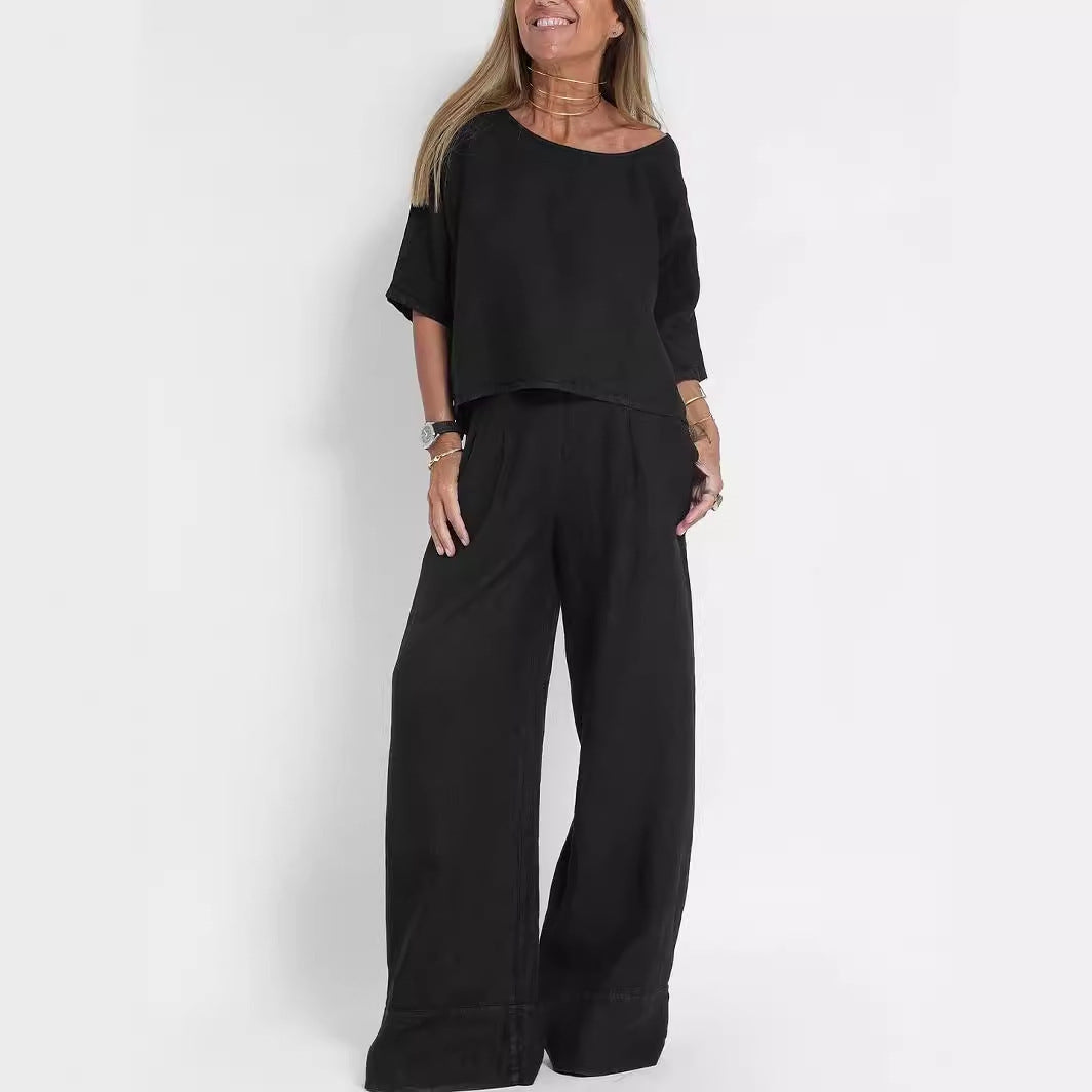 Ensemble pantalon large décontracté en coton et lin pour femme, manches courtes