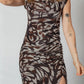 Brown Abstract Print Mesh Cowl Neck Cap Sleeve Ruched Midi Dress With Slit