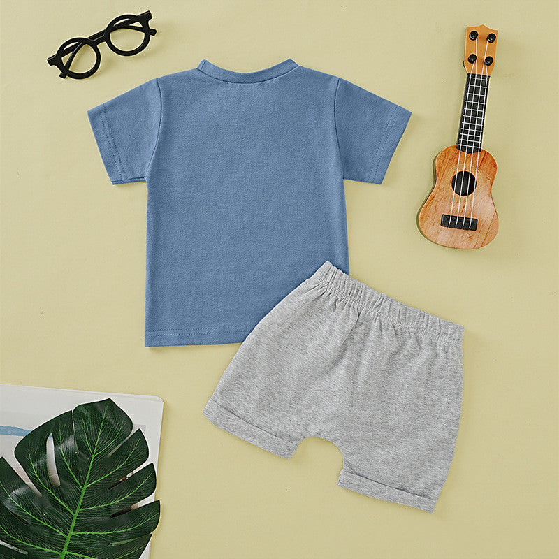 Ensemble short imprimé à col rond et manches courtes pour garçon, couleur unie, avec poches