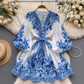 Summer Fashion Mid-Sleeve Lace-Up Floral Dress