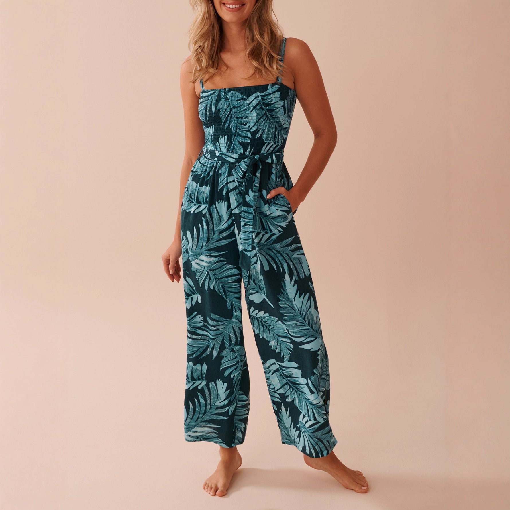 Mid-rise Suspender-style Printed Straight-leg Jumpsuit