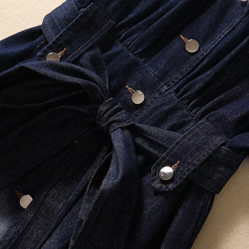 Robe en jean à revers, simple boutonnage, manches courtes, dégradé de couleurs, tendance, taille ajustée
