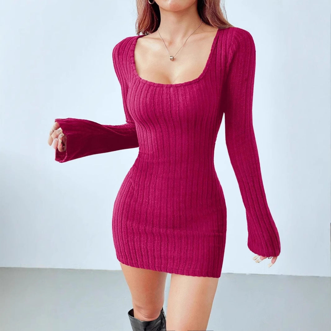 Women's Square-neck Ribbed Long-sleeve Slim-fit Solid-color Dress