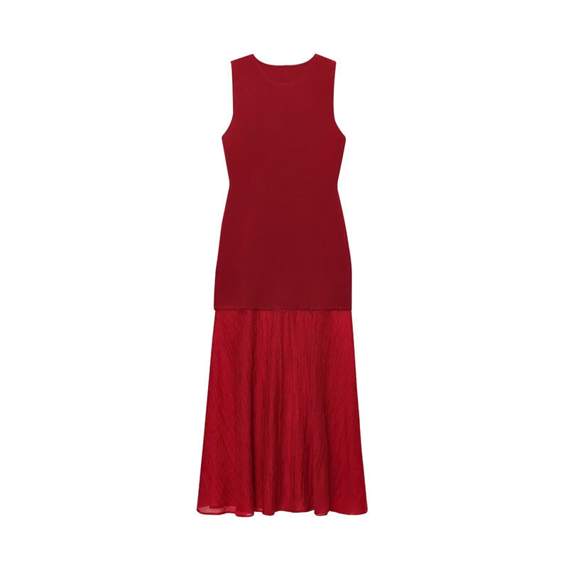 New Summer Knitted Stitching Long Sleeveless Dress