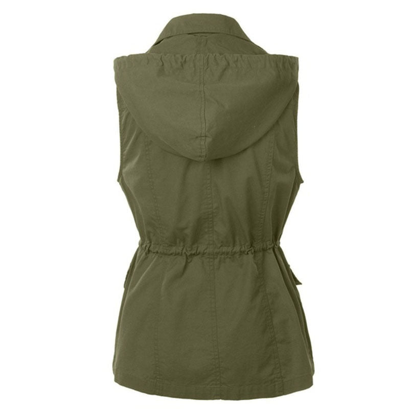 Women's Fashion Solid Color Work Vest Hooded Drawstring Coat